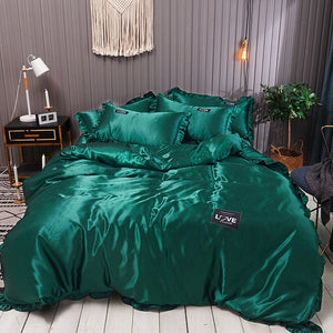 Pure Satin Silk Bedding Set Lace Luxury Duvet Cover Set Single Double Queen King Size 240x220 Couple Quilt Covers White Gray Red