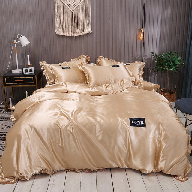 Pure Satin Silk Bedding Set Lace Luxury Duvet Cover Set Single Double Queen King Size 240x220 Couple Quilt Covers White Gray Red