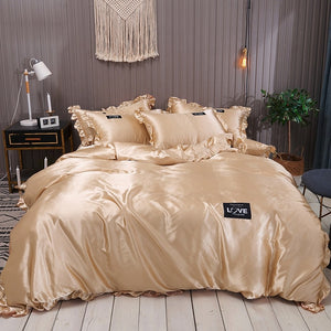 Pure Satin Silk Bedding Set Lace Luxury Duvet Cover Set Single Double Queen King Size 240x220 Couple Quilt Covers White Gray Red