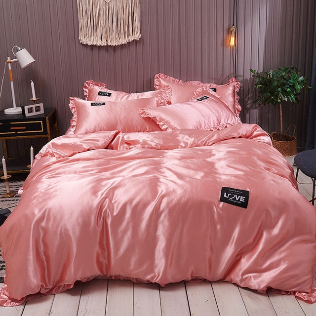 Pure Satin Silk Bedding Set Lace Luxury Duvet Cover Set Single Double Queen King Size 240x220 Couple Quilt Covers White Gray Red