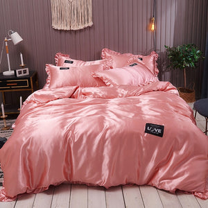 Pure Satin Silk Bedding Set Lace Luxury Duvet Cover Set Single Double Queen King Size 240x220 Couple Quilt Covers White Gray Red