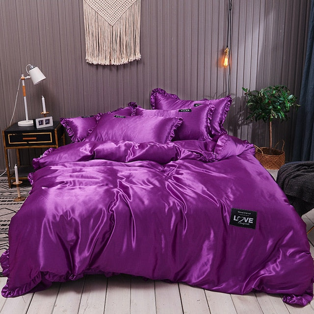 Pure Satin Silk Bedding Set Lace Luxury Duvet Cover Set Single Double Queen King Size 240x220 Couple Quilt Covers White Gray Red