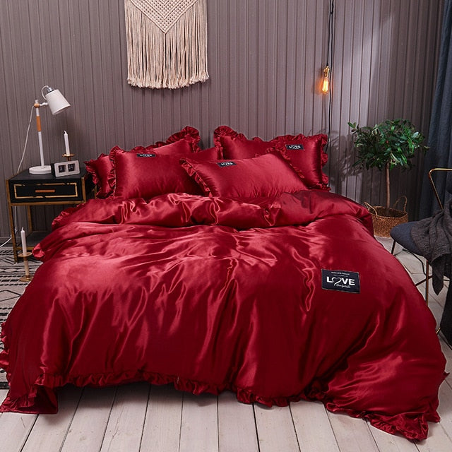 Pure Satin Silk Bedding Set Lace Luxury Duvet Cover Set Single Double Queen King Size 240x220 Couple Quilt Covers White Gray Red