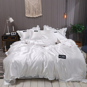 Pure Satin Silk Bedding Set Lace Luxury Duvet Cover Set Single Double Queen King Size 240x220 Couple Quilt Covers White Gray Red