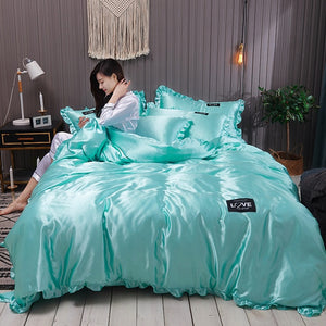 Pure Satin Silk Bedding Set Lace Luxury Duvet Cover Set Single Double Queen King Size 240x220 Couple Quilt Covers White Gray Red